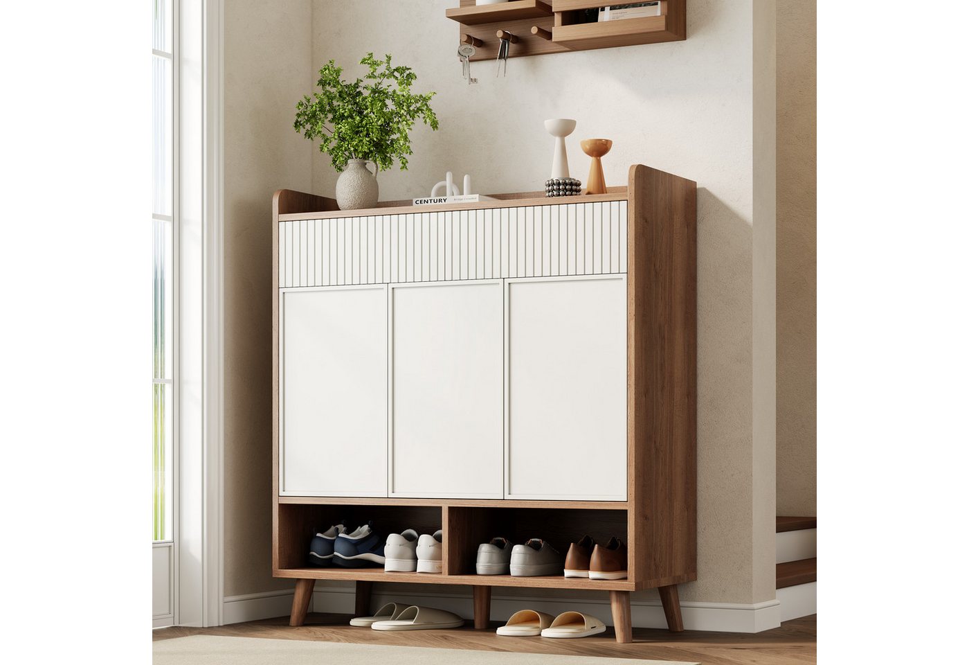 Flieks Schuhschrank mit 2 Schubladen, 3 Türen und 2 offenen Fächern Weiß+Natur (90x35x100 cm, 1-St) Mehrzweckschrank Schuhkommode mit verstellbarer Einlegeböden – Bild 4 von 5