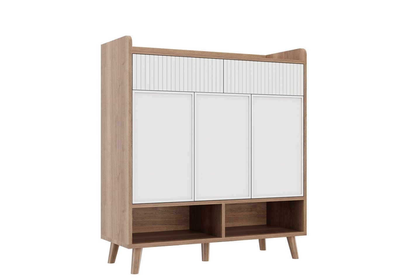 Flieks Schuhschrank mit 2 Schubladen, 3 Türen und 2 offenen Fächern Weiß+Natur (90x35x100 cm, 1-St) Mehrzweckschrank Schuhkommode mit verstellbarer Einlegeböden – Bild 5 von 5