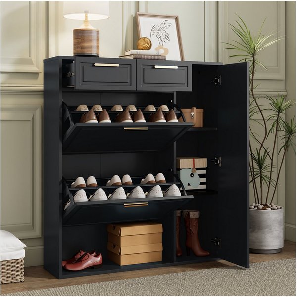 Flieks Schuhschrank mit 2 Schuhklappen, 2 Schubladen und 2 Türen Weiß/Schwarz (1-St., B95/D24/H107,5 cm) Schuhkommode Schuhkipper Schuhregal für 15 Paar