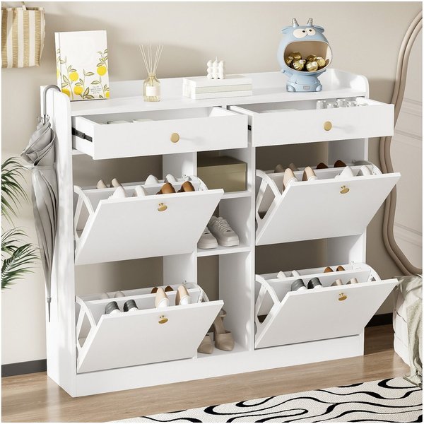 Flieks Schuhschrank mit 4 Klappen, 2 Schubladen und 3 offenen Fächern (1-St) Schuhkommode Schuhregal Schuhkipper Weiß, B110/T26/H100 cm