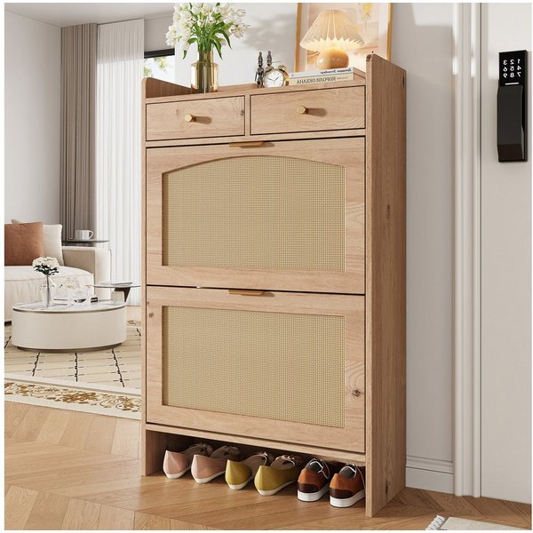 Flieks Schuhschrank Schuhkipper Schuhkommode mit Arbeitsplatte, 2 Rattan-Klappen Holzoptik (65×25×106 cm, 1-St) Schuhregal Flurschrank mit verstellbaren Einlege