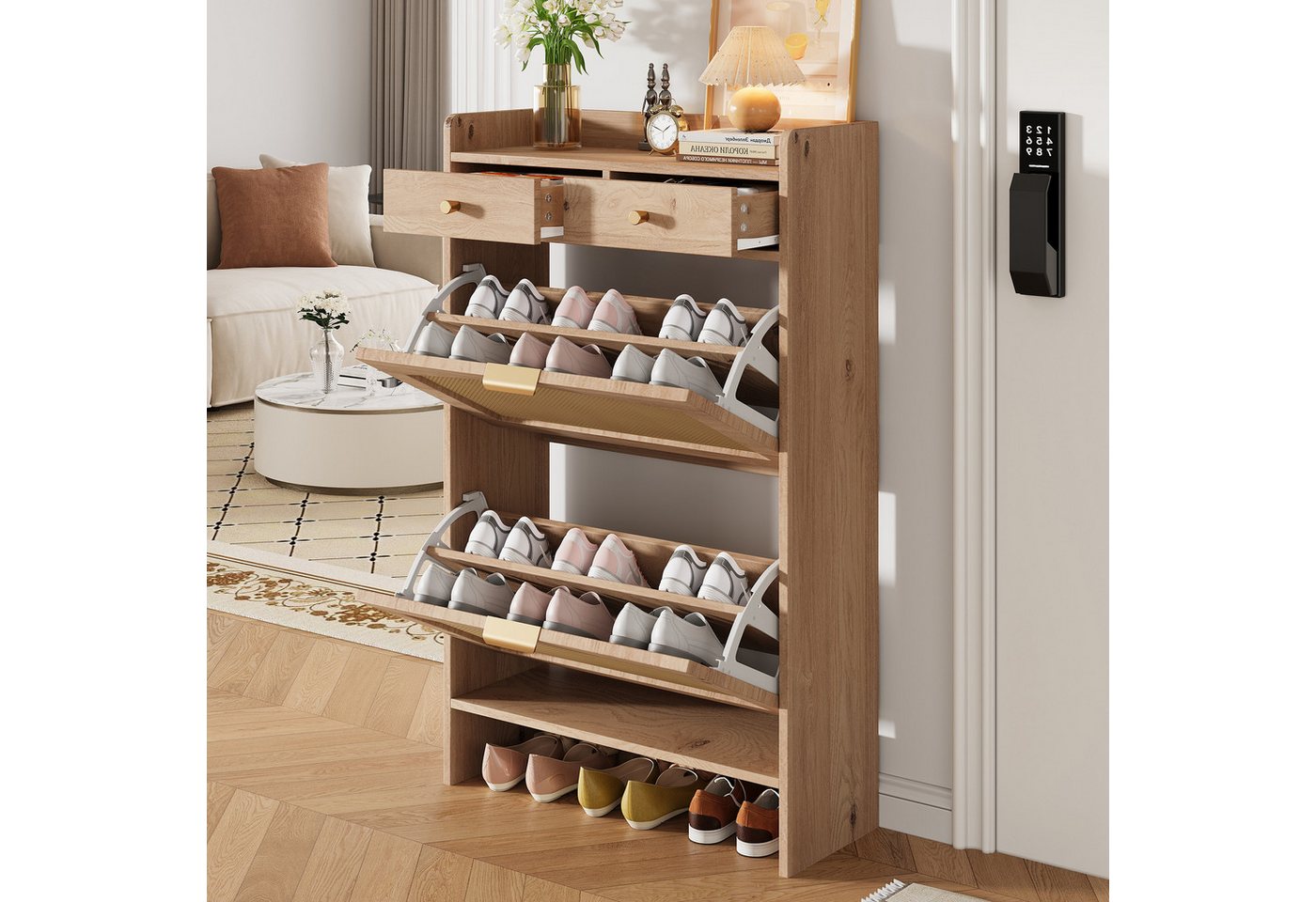 Flieks Schuhschrank Schuhkipper Schuhkommode mit Arbeitsplatte, 2 Rattan-Klappen Holzoptik (65×25×106 cm, 1-St) Schuhregal Flurschrank mit verstellbaren Einlege – Bild 2 von 5
