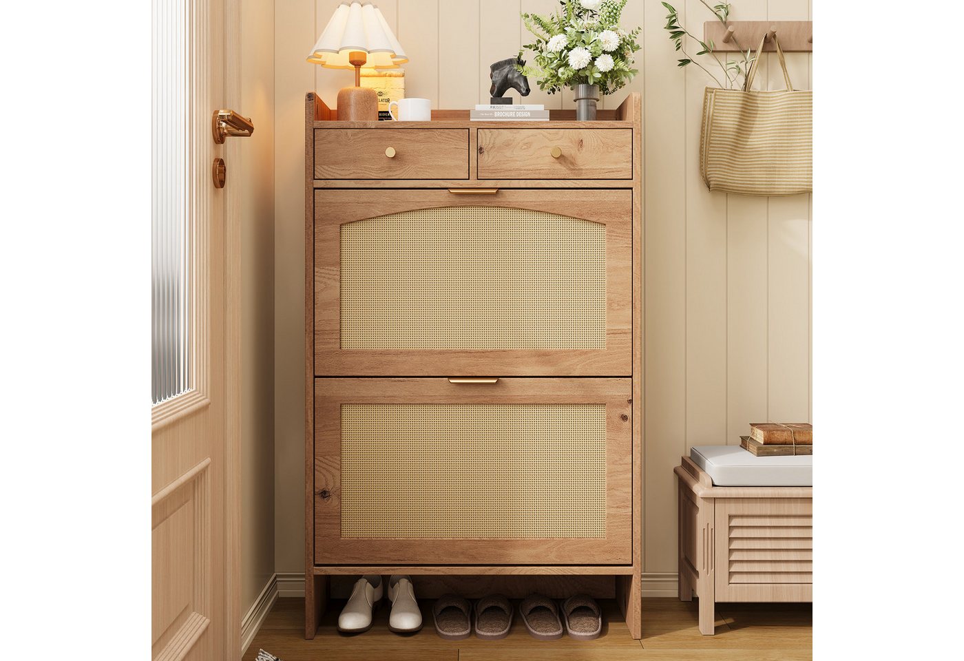 Flieks Schuhschrank Schuhkipper Schuhkommode mit Arbeitsplatte, 2 Rattan-Klappen Holzoptik (65×25×106 cm, 1-St) Schuhregal Flurschrank mit verstellbaren Einlege – Bild 3 von 5