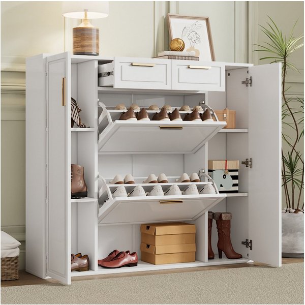 Flieks Schuhschrank Schuhkommode mit 2 Klappen, verstellbaren Einlegeböden & 2 Schubladen (1-St., B120/T24/H107 cm) Schuhkipper Schuhregal mit goldenen Metallgr