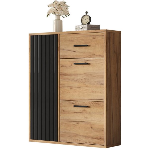 Flieks Schuhschrank Schuhkommode mit 2 Klappen, 1 Schubladen und 1 Türen (1-St., B80/T24/H95,5 cm) Schuhkipper mit verstellbarer Einlegeböden Schuhregal in Holz