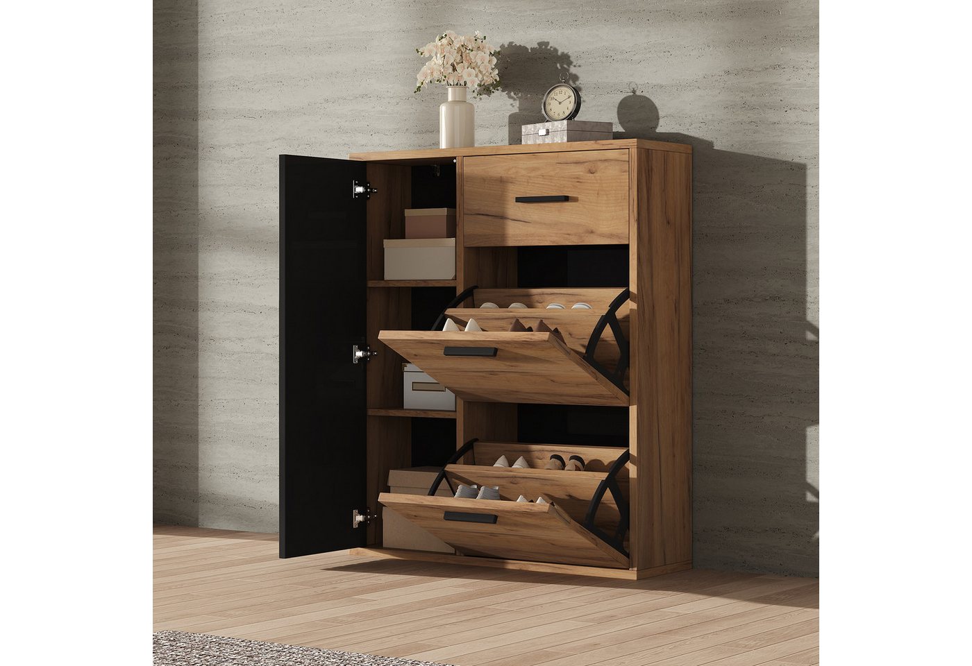 Flieks Schuhschrank Schuhkommode mit 2 Klappen, 1 Schubladen und 1 Türen (1-St., B80/T24/H95,5 cm) Schuhkipper mit verstellbarer Einlegeböden Schuhregal in Holz – Bild 2 von 5