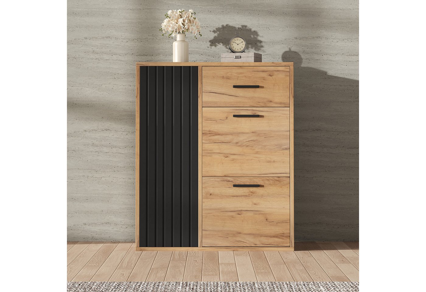 Flieks Schuhschrank Schuhkommode mit 2 Klappen, 1 Schubladen und 1 Türen (1-St., B80/T24/H95,5 cm) Schuhkipper mit verstellbarer Einlegeböden Schuhregal in Holz – Bild 3 von 5