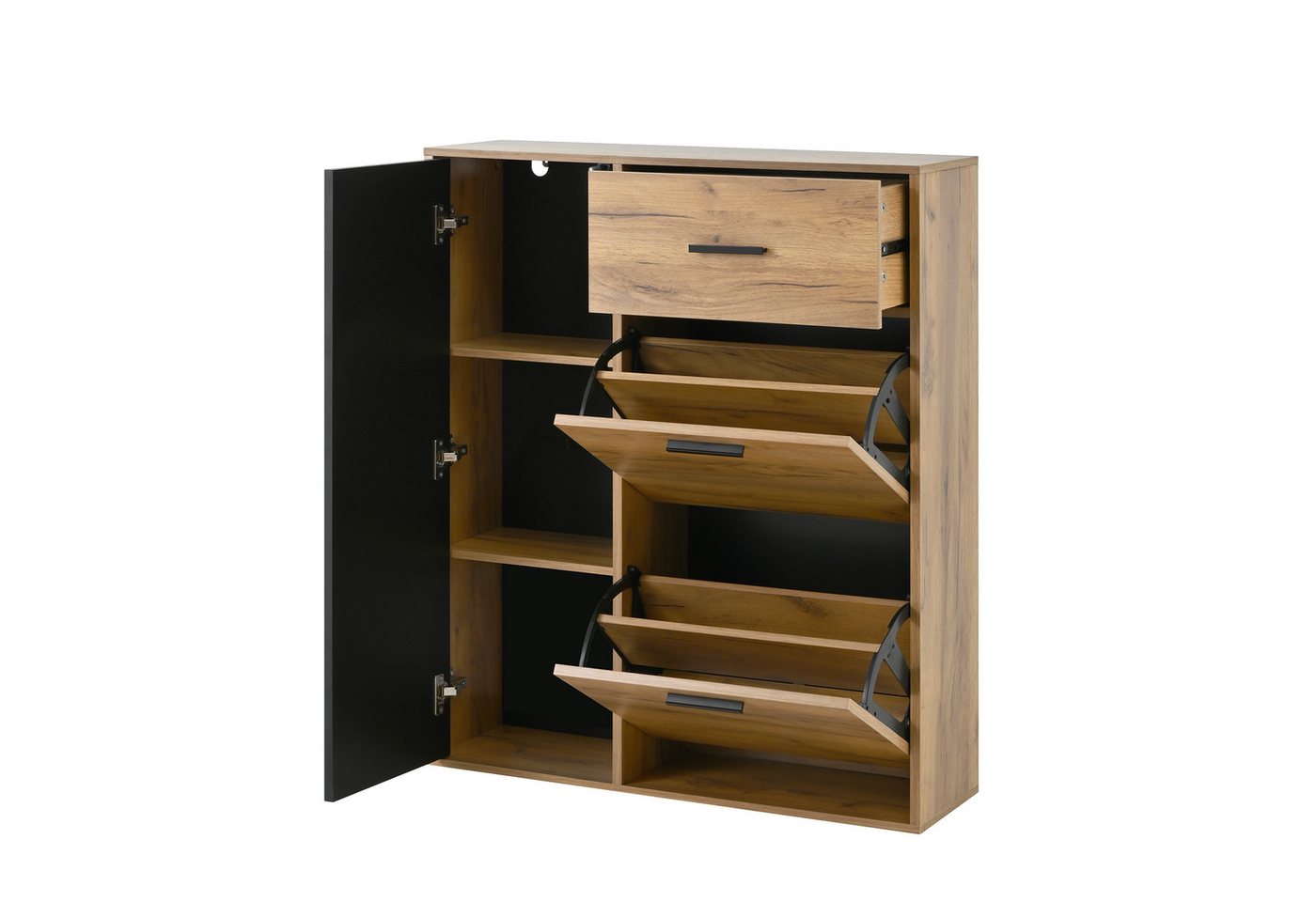 Flieks Schuhschrank Schuhkommode mit 2 Klappen, 1 Schubladen und 1 Türen (1-St., B80/T24/H95,5 cm) Schuhkipper mit verstellbarer Einlegeböden Schuhregal in Holz – Bild 4 von 5