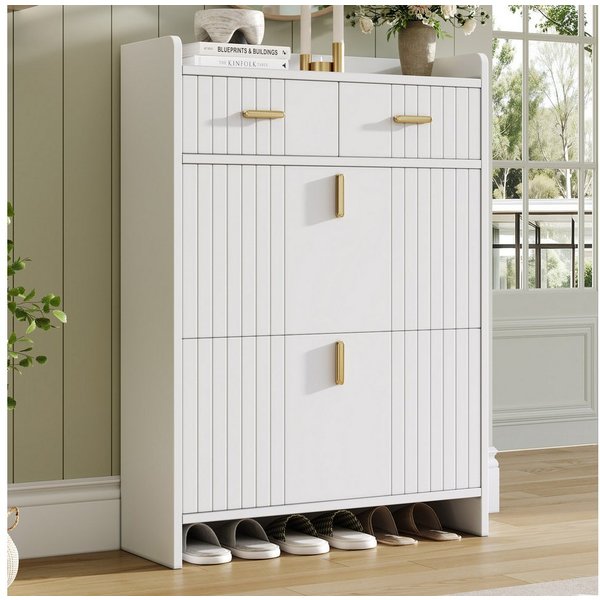 Flieks Schuhschrank Schuhkommode mit 2 Schublade, 2 Klappen und verstellbarer Einlegeböden (B75/T24/H108,5 cm, 1-St) Schuhregal Schuhkipper Flurschrank, doppels