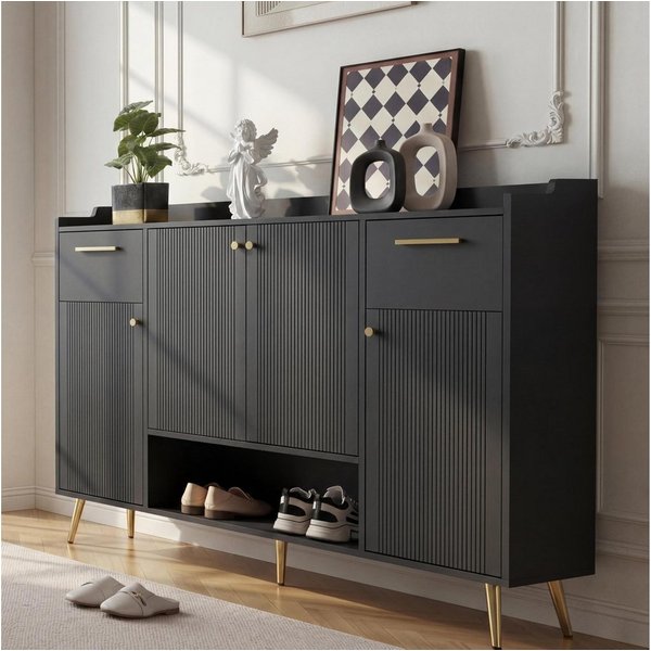 Flieks Schuhschrank Schuhkommode mit 2 Schubladen und 4 Türen (1-St., B130/W37/H100 cm) Schuhregal mit vertellbare Einlegeböden und 8 Fächern, Metallbeine