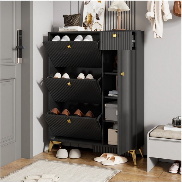 Flieks Schuhschrank Schuhkommode mit 3 Klappen, 1 Schublade und 1 Tür (H121xB90xT25 cm, 1-St., ca 16 Paar Schuhe) Schuhregal Schuhkipper mit verstellbarer Einle