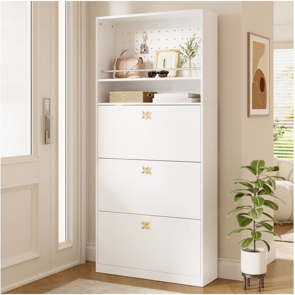 Flieks Schuhschrank Schuhkommode mit Lochwand, 3 Klappen und 2 offenen Ablageflächen (für ca. 12-18 Paar Schuhe, B80×H178,5×T24 cm, 1-St., Flurschrank mit verst