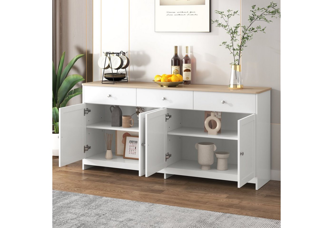 Flieks Sideboard (1 St), Beistellschrank mit vier Türen und drei Schubladen 160x37x75cm(LxBxH) – Bild 2 von 5