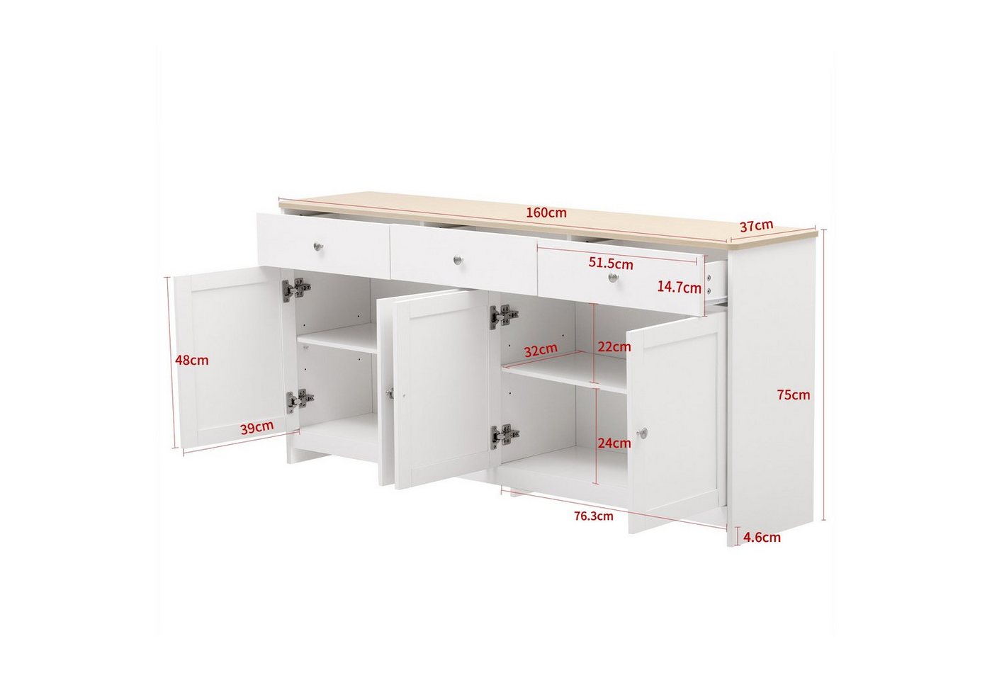 Flieks Sideboard (1 St), Beistellschrank mit vier Türen und drei Schubladen 160x37x75cm(LxBxH) – Bild 4 von 5