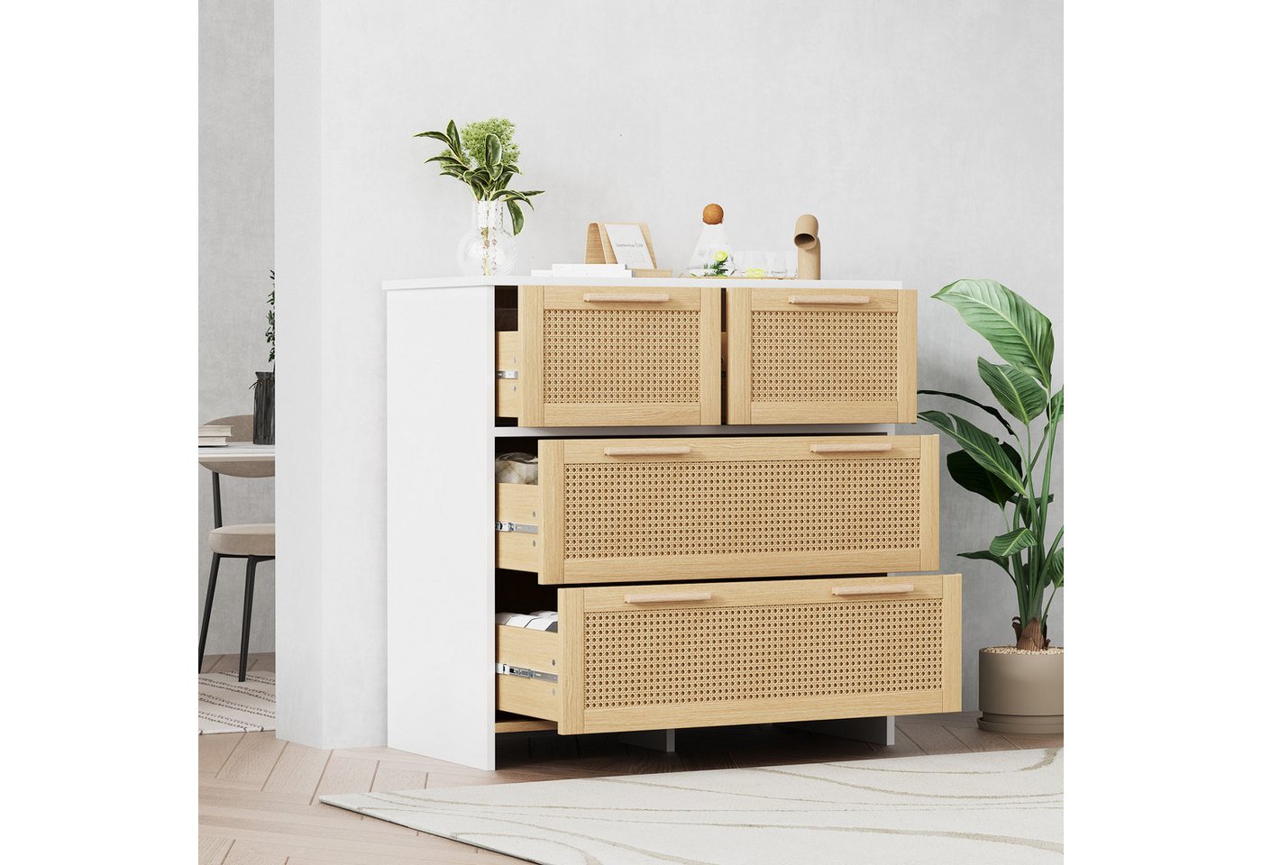 Flieks Sideboard (80x38x80cm, 1 St), 4-Schubladen Rattanschrank Kommode Anrichte Wohnzimmer – Bild 2 von 5