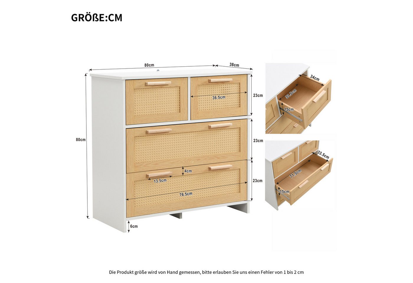Flieks Sideboard (80x38x80cm, 1 St), 4-Schubladen Rattanschrank Kommode Anrichte Wohnzimmer – Bild 3 von 5