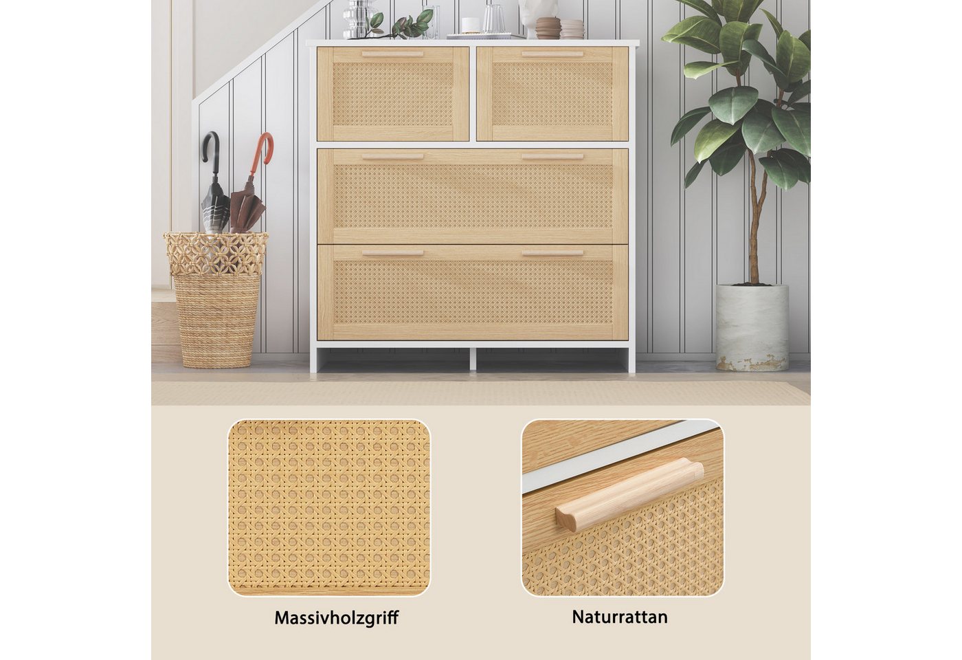 Flieks Sideboard (80x38x80cm, 1 St), 4-Schubladen Rattanschrank Kommode Anrichte Wohnzimmer – Bild 4 von 5