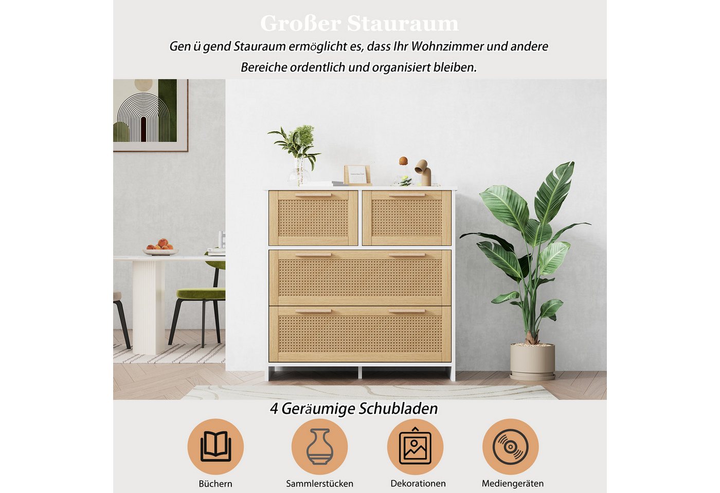 Flieks Sideboard (80x38x80cm, 1 St), 4-Schubladen Rattanschrank Kommode Anrichte Wohnzimmer – Bild 5 von 5
