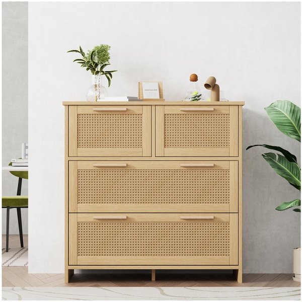 Flieks Sideboard (80x38x80cm, 1 St), 4-Schubladen Rattanschrank Kommode Anrichte Wohnzimmer