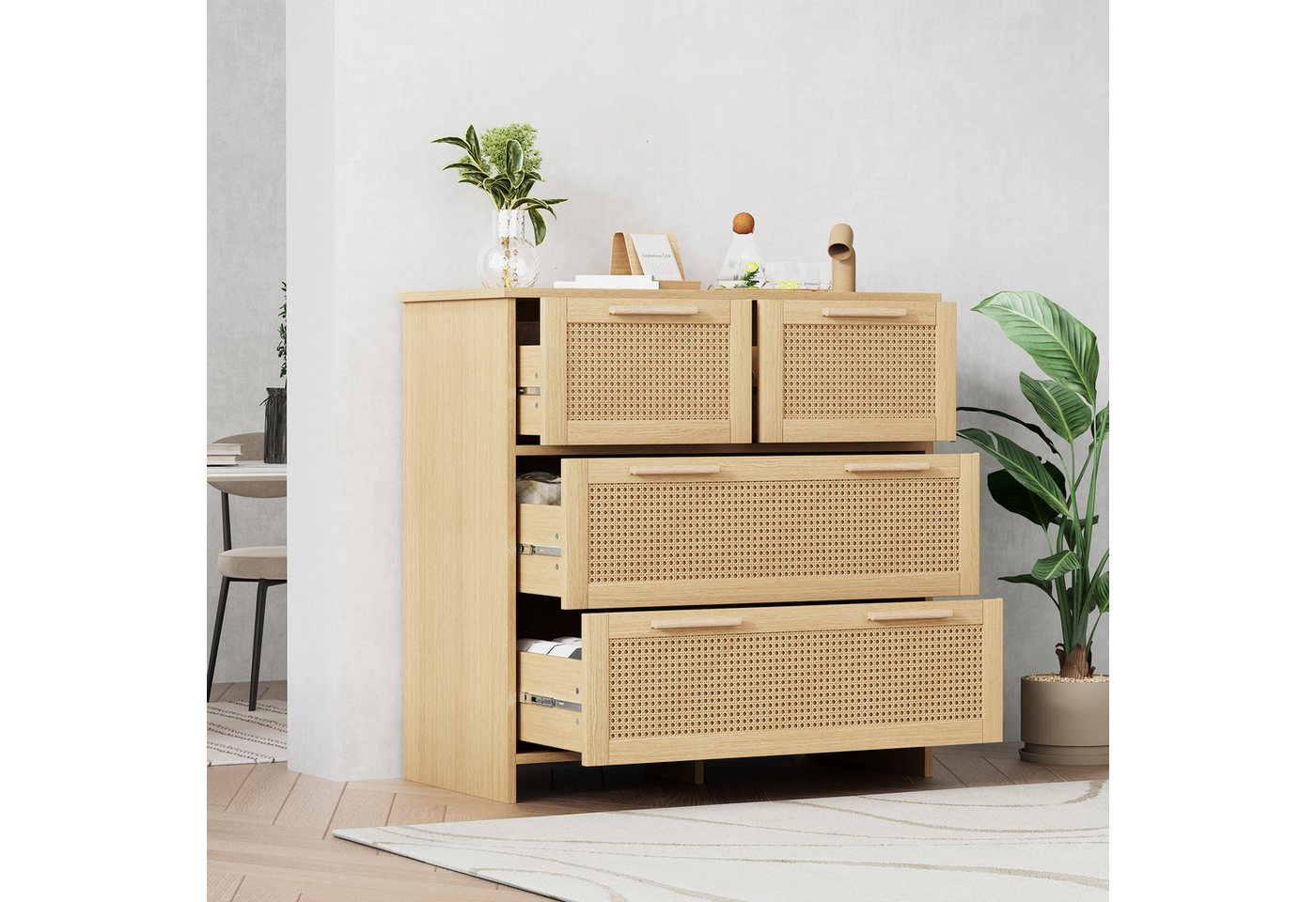 Flieks Sideboard (80x38x80cm, 1 St), 4-Schubladen Rattanschrank Kommode Anrichte Wohnzimmer – Bild 2 von 5