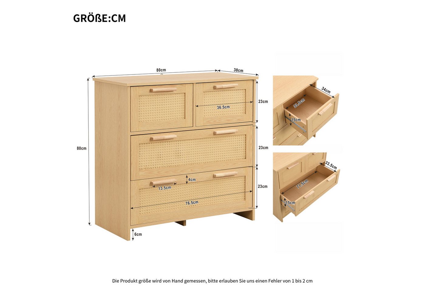 Flieks Sideboard (80x38x80cm, 1 St), 4-Schubladen Rattanschrank Kommode Anrichte Wohnzimmer – Bild 3 von 5