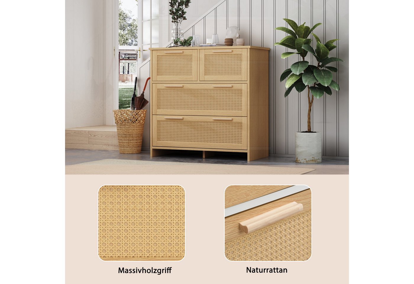 Flieks Sideboard (80x38x80cm, 1 St), 4-Schubladen Rattanschrank Kommode Anrichte Wohnzimmer – Bild 4 von 5