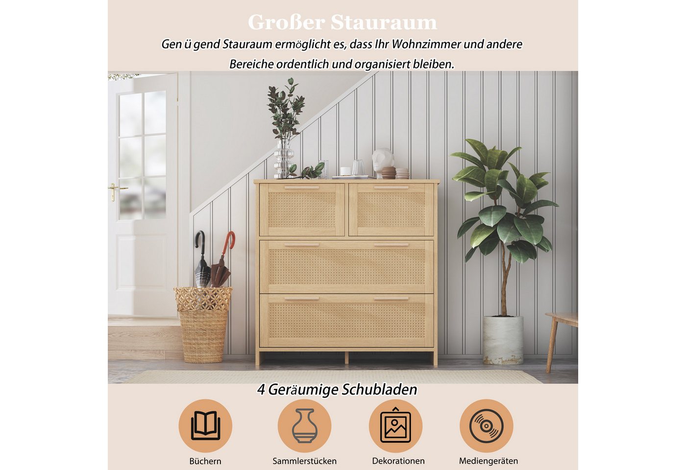 Flieks Sideboard (80x38x80cm, 1 St), 4-Schubladen Rattanschrank Kommode Anrichte Wohnzimmer – Bild 5 von 5