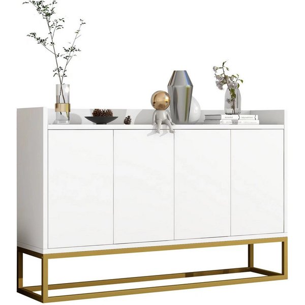 Flieks Sideboard, Kommode mit 4 Türen mit goldenen Metallbeine 120x30x80cm