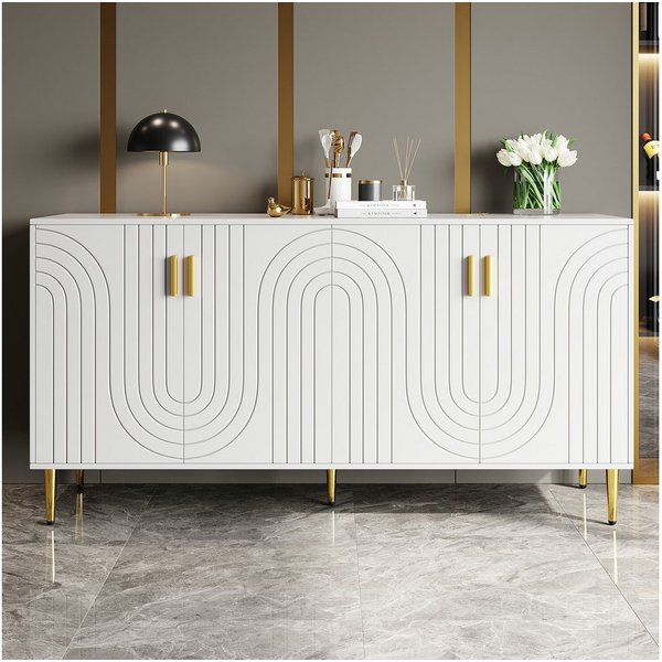 Flieks Sideboard Buffetschrank mit Einzigartigem Wellendesign und goldenen Griffen (152x40x75 cm, 1 St), Kommodechrank mit 4 Türen Wohnzimmer hochglanz Anrichte