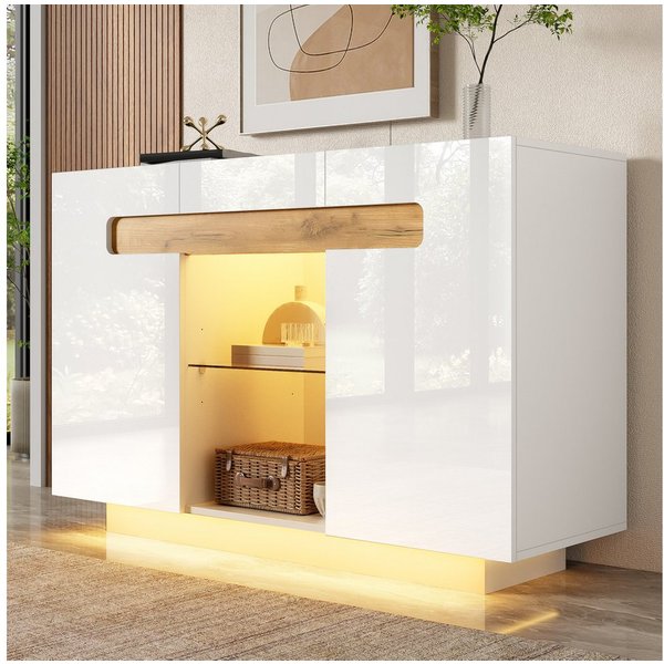 Flieks Sideboard Kommode mit LED-Beleuchtung und verstellbarer Glaseinlegeböden (1 St., 120x40x80 cm), Mehrzweckschrank Multifunktionsschrank Holzschrank Hochgl