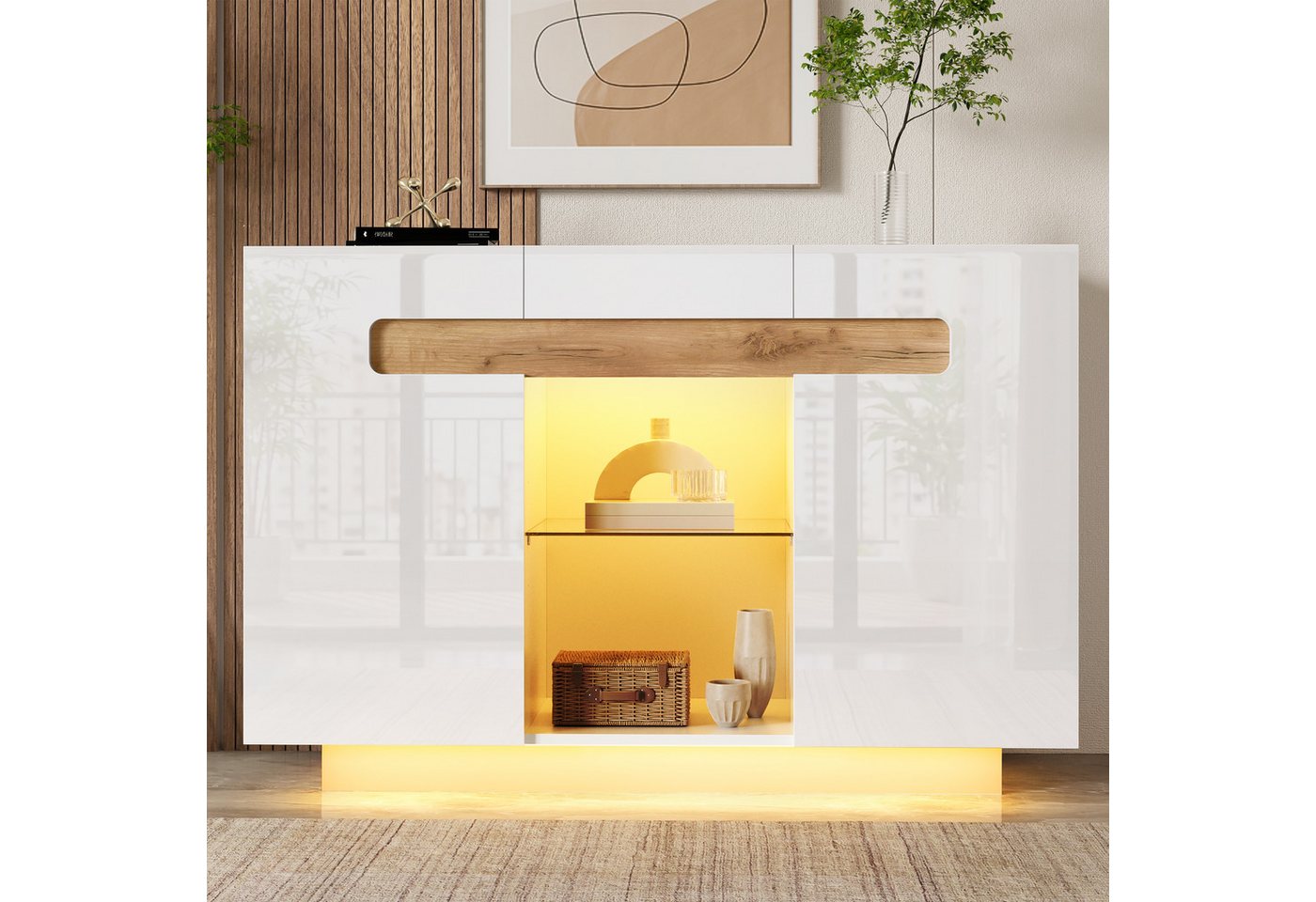 Flieks Sideboard Kommode mit LED-Beleuchtung und verstellbarer Glaseinlegeböden (1 St., 120x40x80 cm), Mehrzweckschrank Multifunktionsschrank Holzschrank Hochgl – Bild 2 von 5