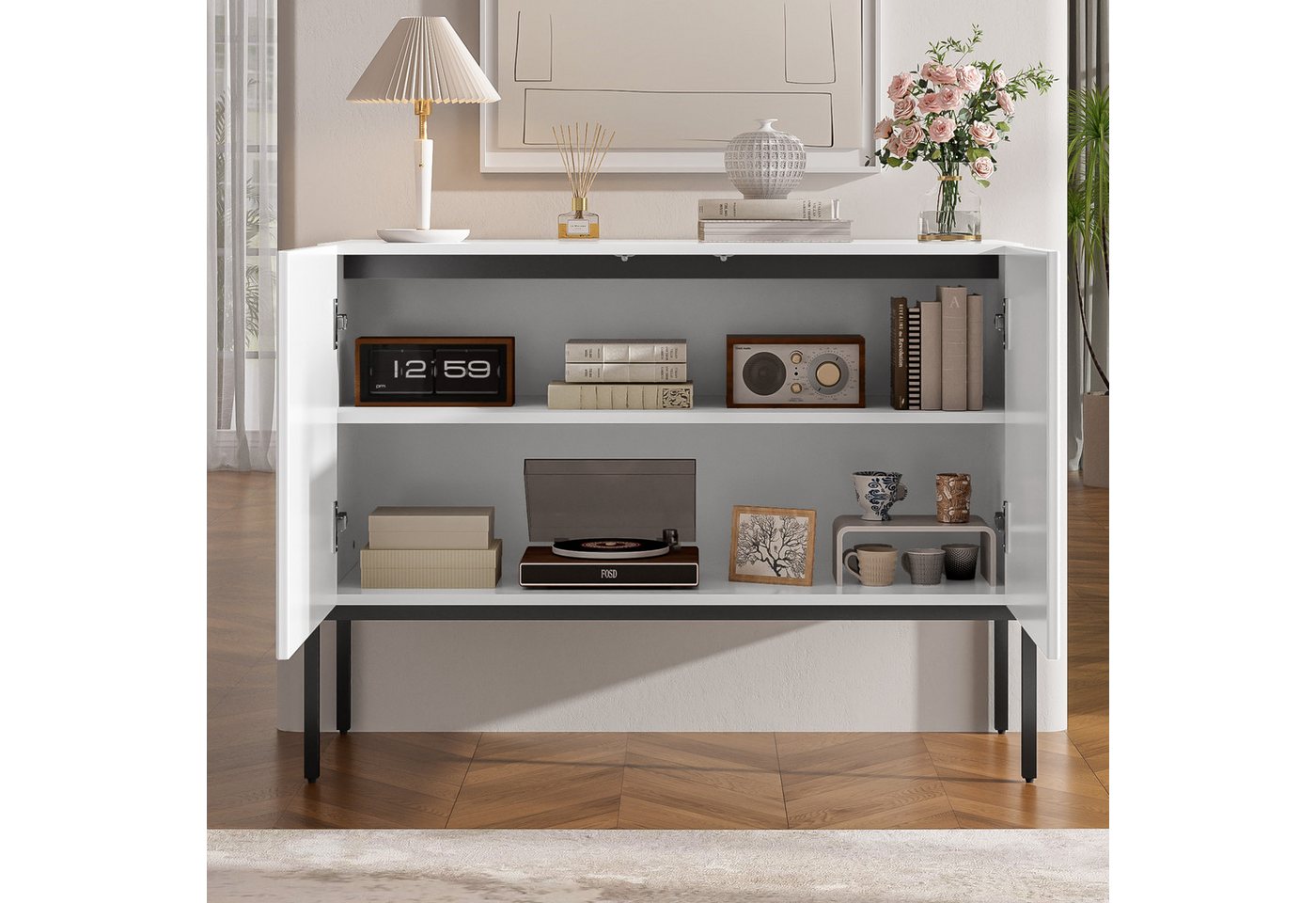Flieks Sideboard mit 2 Türen, verstellbarer Einlegeböden und Metallbeinen (100x40x75 cm, 1 St., Schrank für Wohnzimmer, Esszimmer, Schlafzimmer), Kommode Mehrzw – Bild 2 von 5
