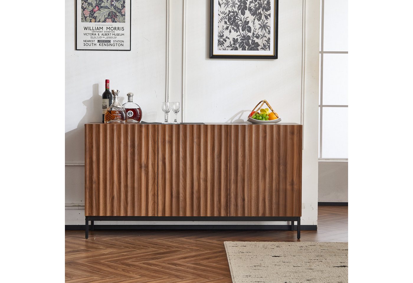 Flieks Sideboard mit 3 Türen Eichefarbe (1 St., 150x40x80 cm), Küchenschrank Wohnzimmer Kommode, verstellbare Einlegeböden – Bild 2 von 5