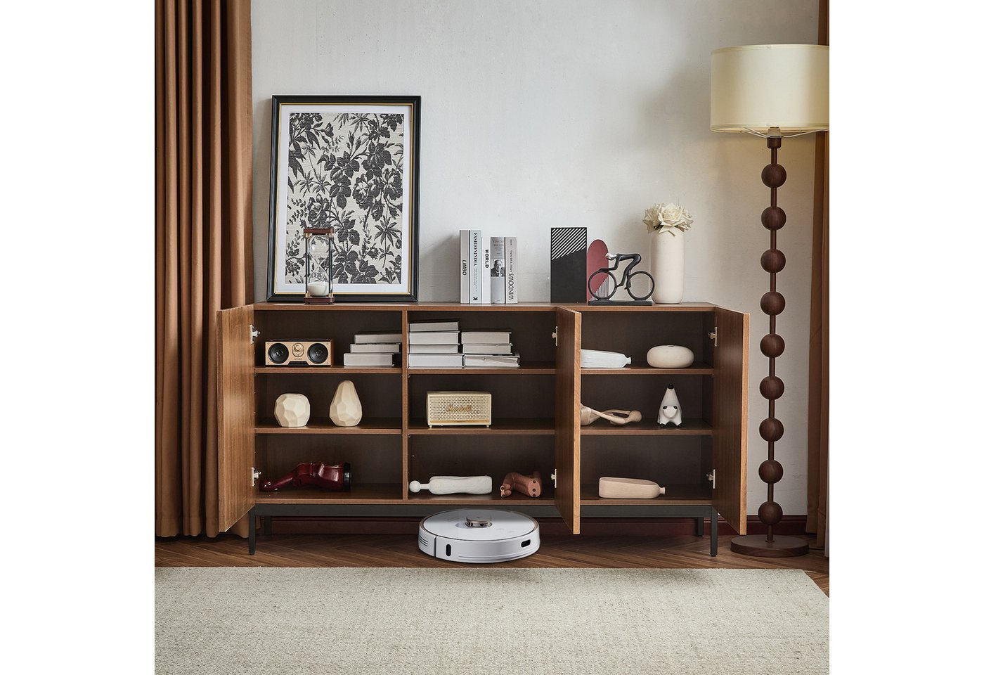 Flieks Sideboard mit 3 Türen Eichefarbe (1 St., 150x40x80 cm), Küchenschrank Wohnzimmer Kommode, verstellbare Einlegeböden – Bild 3 von 5