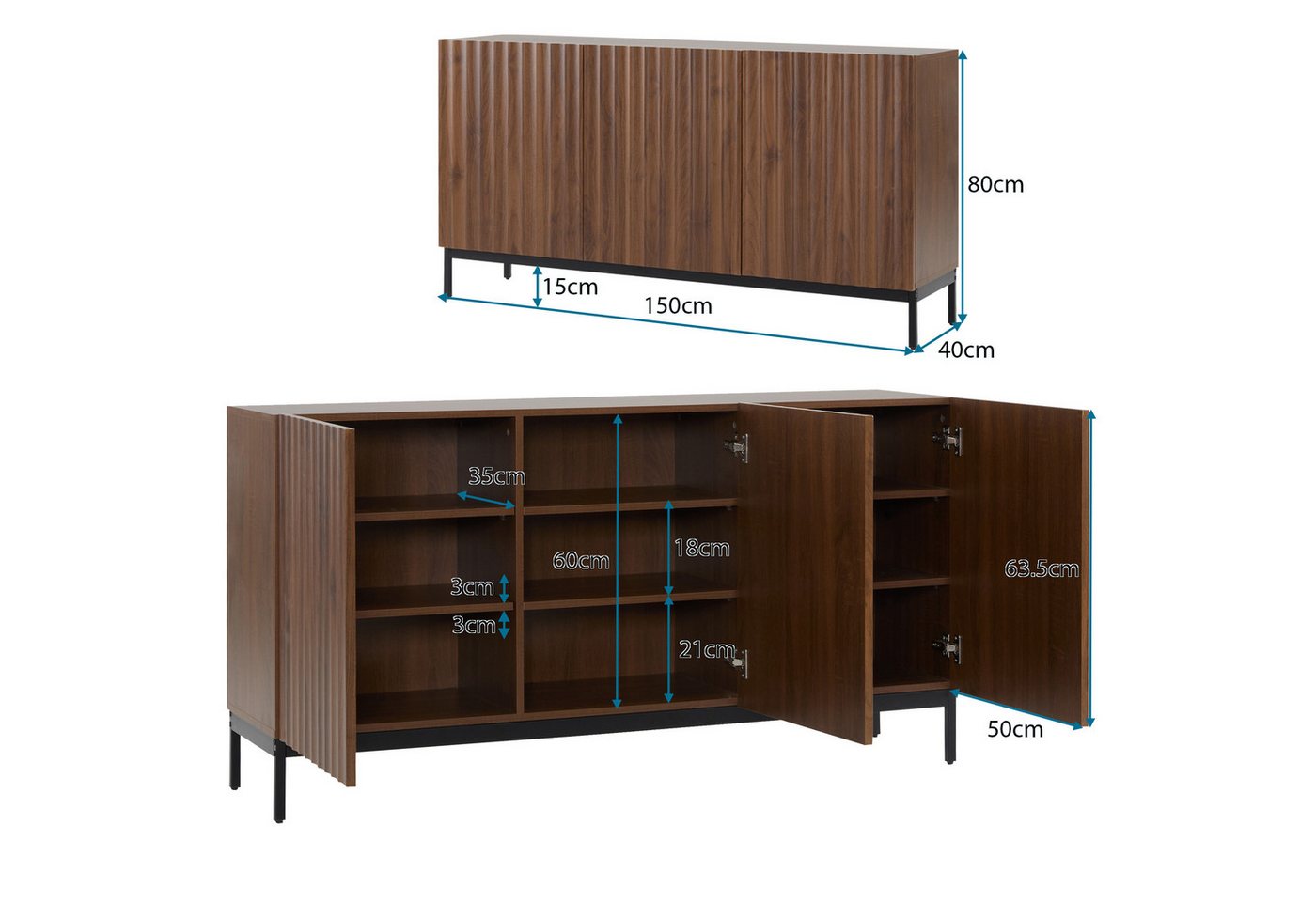 Flieks Sideboard mit 3 Türen Eichefarbe (1 St., 150x40x80 cm), Küchenschrank Wohnzimmer Kommode, verstellbare Einlegeböden – Bild 5 von 5