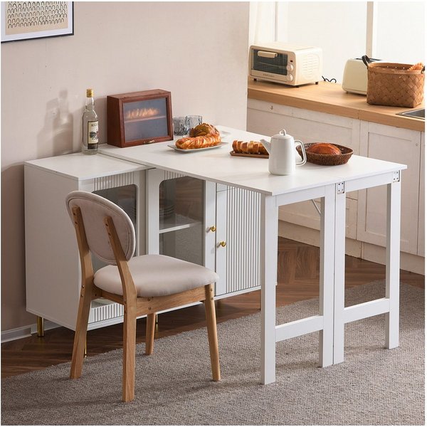 Flieks Sideboard mit klappbarem Ausziehtisch 360° drehbar Weiß (Set, 1 St., erweiterbare Tischplatte 40-80cm), Küchenschrank Esstisch mit 2 Glasschiebetür und 1
