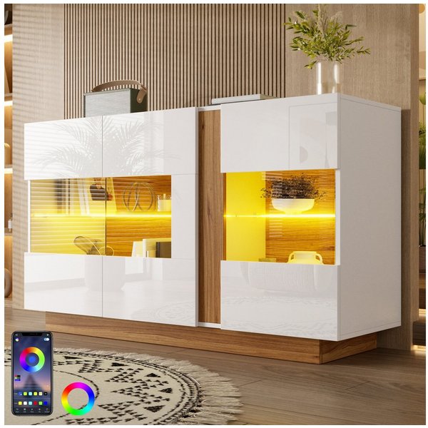 Flieks Sideboard mit LED-Beleuchtung, 3 Acryl-Türen, 2 Glaseinlegeböden, 4 Fächern (120×38×80 cm, 1 St., Multifunktionsschrank für Wohnzimmer, Schlafzimmer, Ess