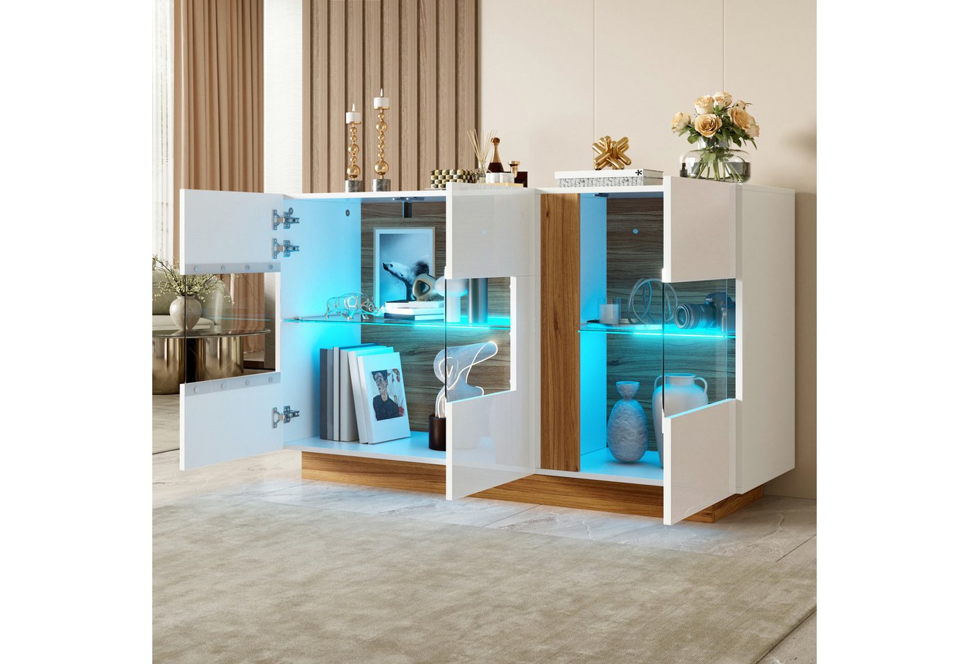 Flieks Sideboard mit LED-Beleuchtung, 3 Acryl-Türen, 2 Glaseinlegeböden, 4 Fächern (120×38×80 cm, 1 St., Multifunktionsschrank für Wohnzimmer, Schlafzimmer, Ess – Bild 2 von 5
