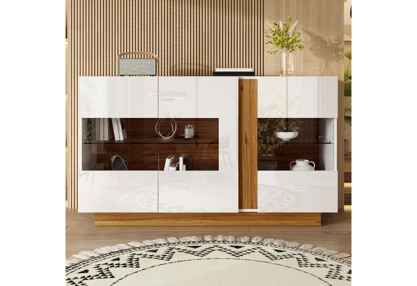 Flieks Sideboard mit LED-Beleuchtung, 3 Acryl-Türen, 2 Glaseinlegeböden, 4 Fächern (120×38×80 cm, 1 St., Multifunktionsschrank für Wohnzimmer, Schlafzimmer, Ess – Bild 3 von 5