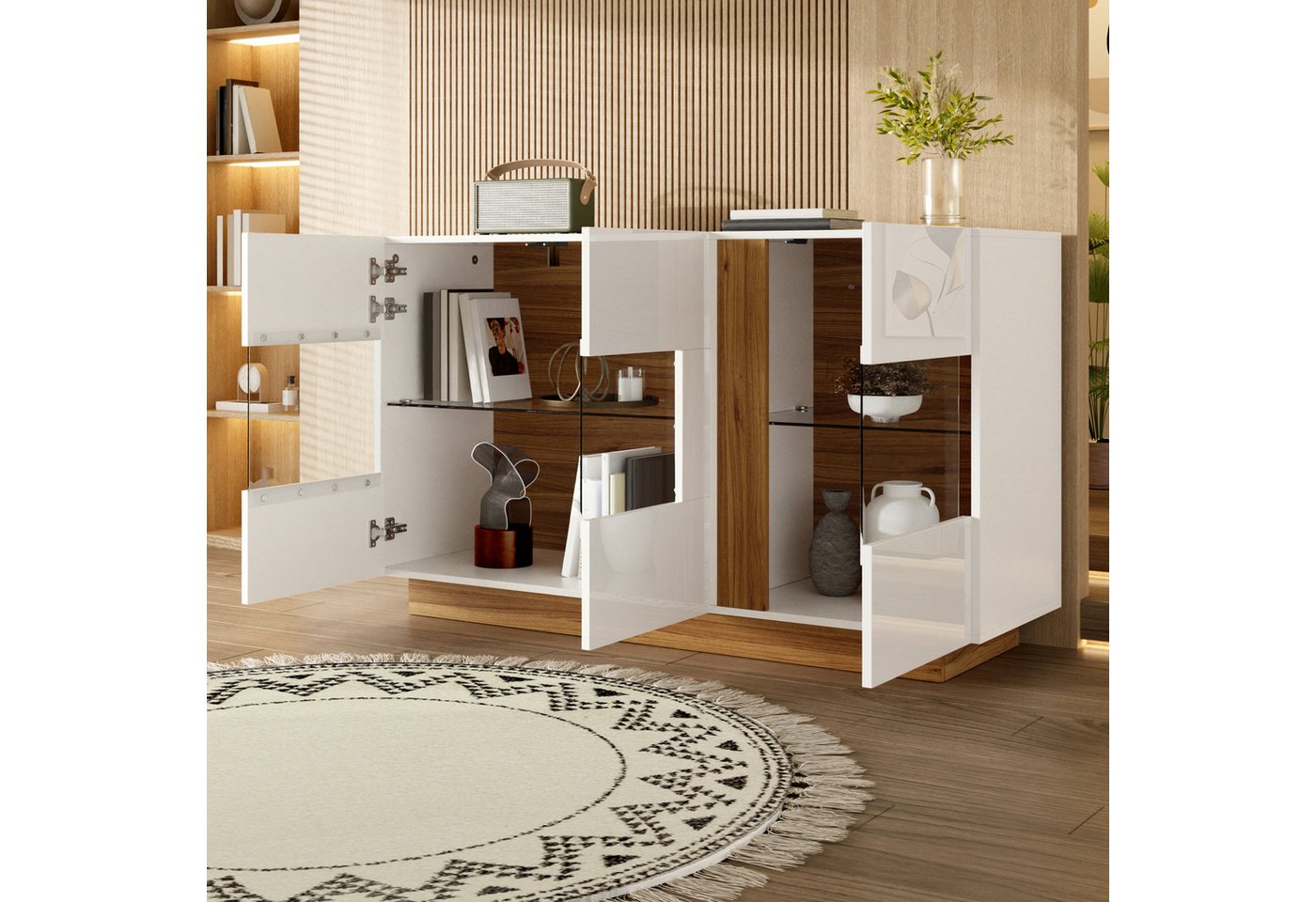Flieks Sideboard mit LED-Beleuchtung, 3 Acryl-Türen, 2 Glaseinlegeböden, 4 Fächern (120×38×80 cm, 1 St., Multifunktionsschrank für Wohnzimmer, Schlafzimmer, Ess – Bild 4 von 5