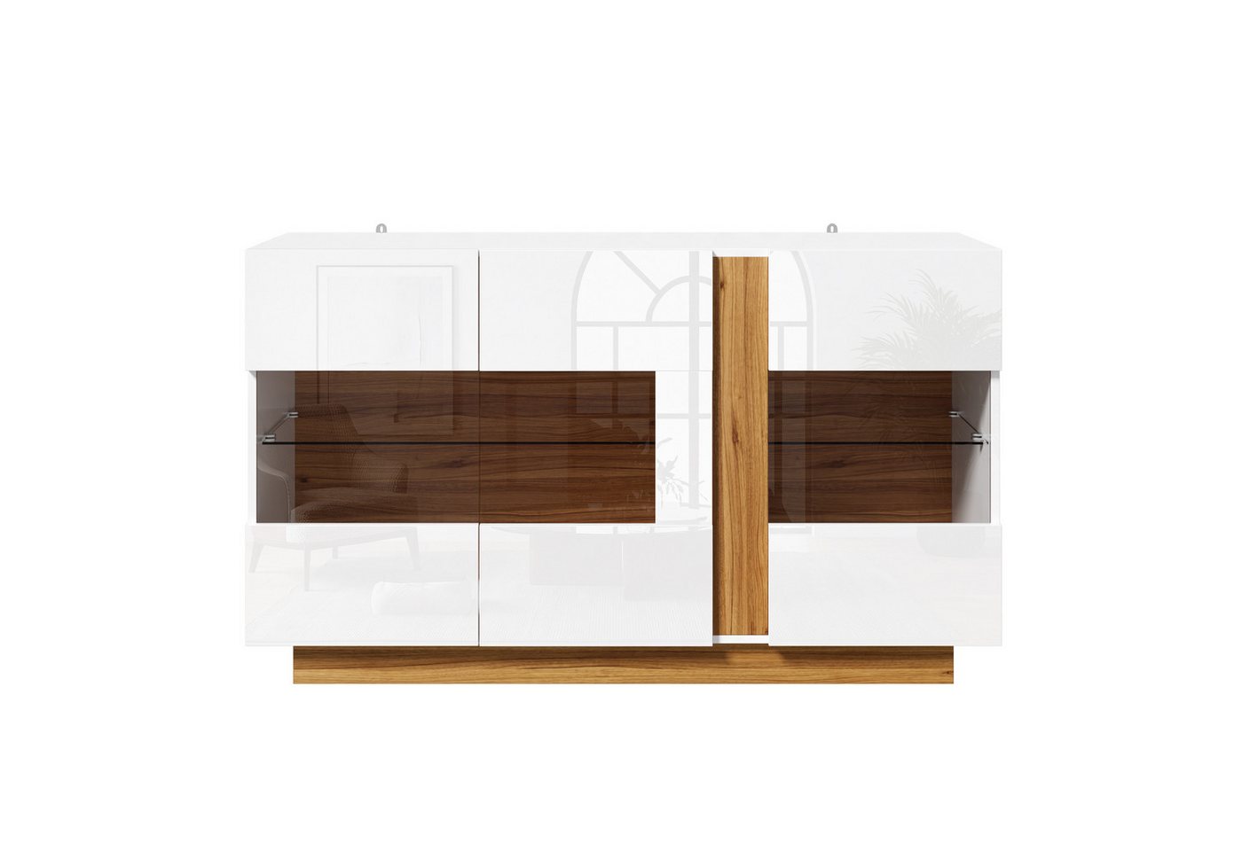 Flieks Sideboard mit LED-Beleuchtung, 3 Acryl-Türen, 2 Glaseinlegeböden, 4 Fächern (120×38×80 cm, 1 St., Multifunktionsschrank für Wohnzimmer, Schlafzimmer, Ess – Bild 5 von 5