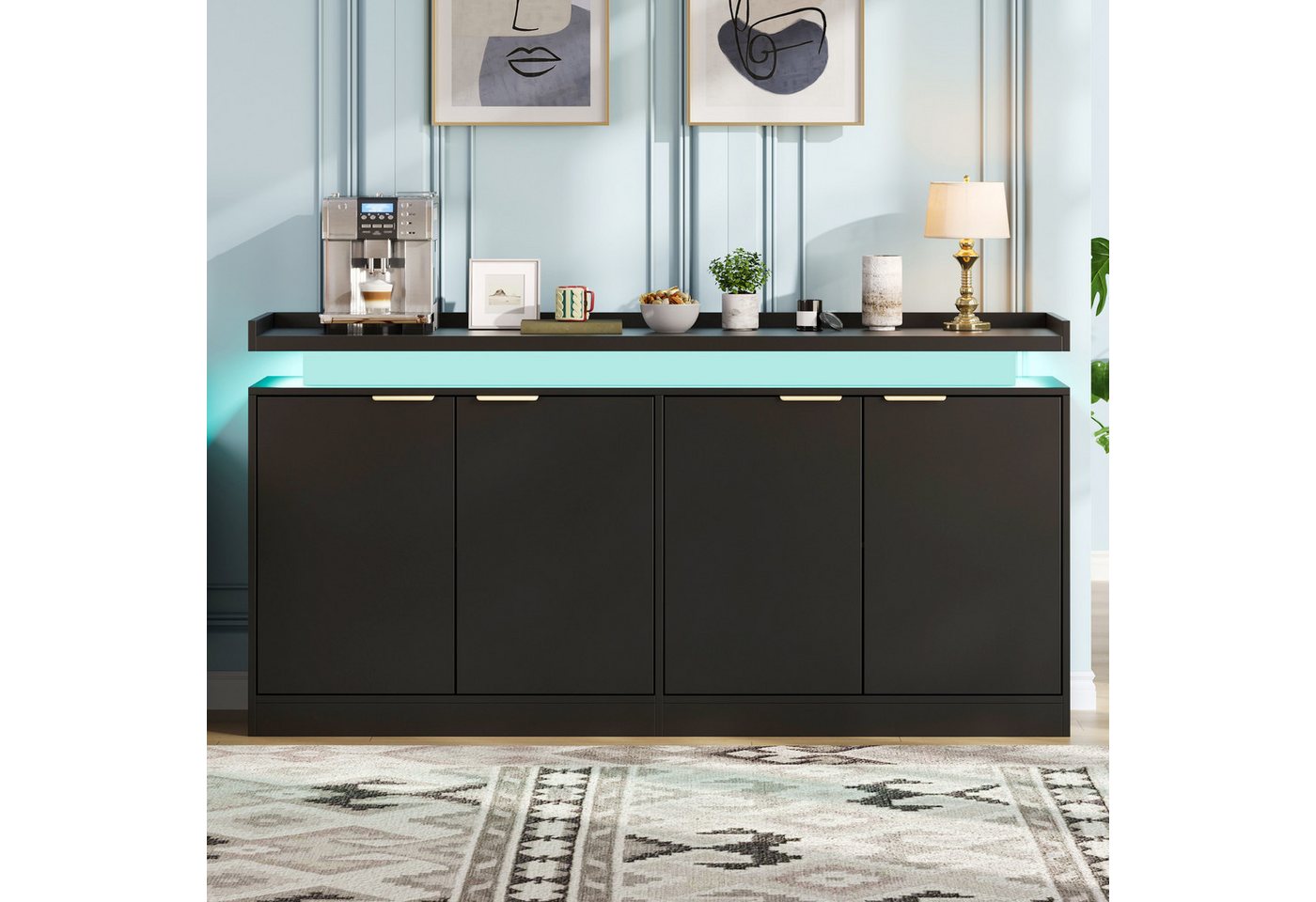 Flieks Sideboard Multifunktionsschrank mit LED-Beleuchtung und 4 Türen (B160×T39×H83 cm, 1 St., für Esszimmer, Wohnzimmer, Schlafzimmer), Küchenschrank Mehrzwec – Bild 3 von 5