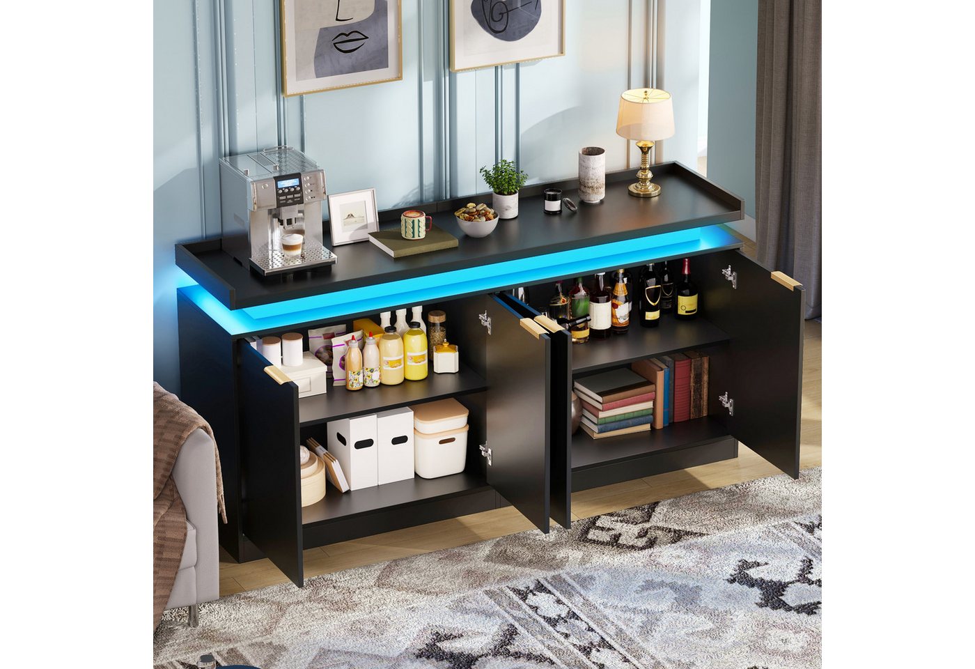 Flieks Sideboard Multifunktionsschrank mit LED-Beleuchtung und 4 Türen (B160×T39×H83 cm, 1 St., für Esszimmer, Wohnzimmer, Schlafzimmer), Küchenschrank Mehrzwec – Bild 4 von 5