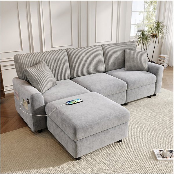 Flieks Sofa Ecksofa mit 1 Fußhocker, 1 USB-Anschluss und 1 Type-C-Anschluss, Maße: B223×H84×T146 cm, 3 Sitzer L-Form Couch mit 2 Kissen & Schlaffunktion, Chenil