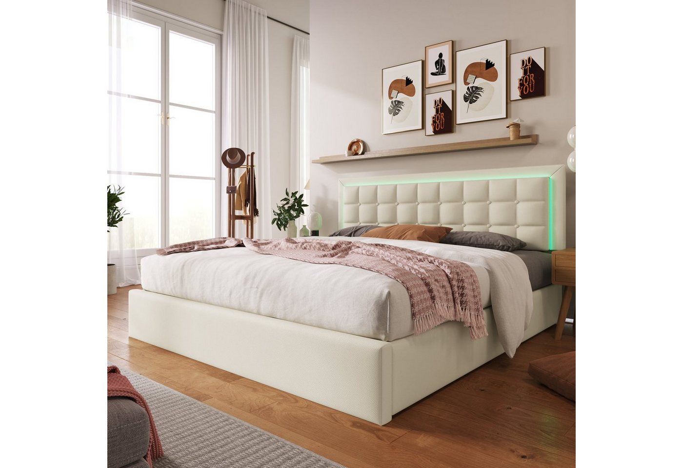 Flieks Stauraumbett (1-tlg), LED-Beleuchtung Kunstleder Doppelbett 140x200cm – Bild 2 von 5