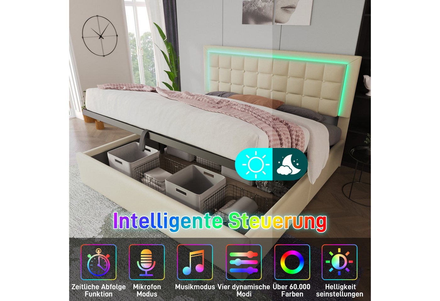 Flieks Stauraumbett (1-tlg), LED-Beleuchtung Kunstleder Doppelbett 140x200cm – Bild 3 von 5
