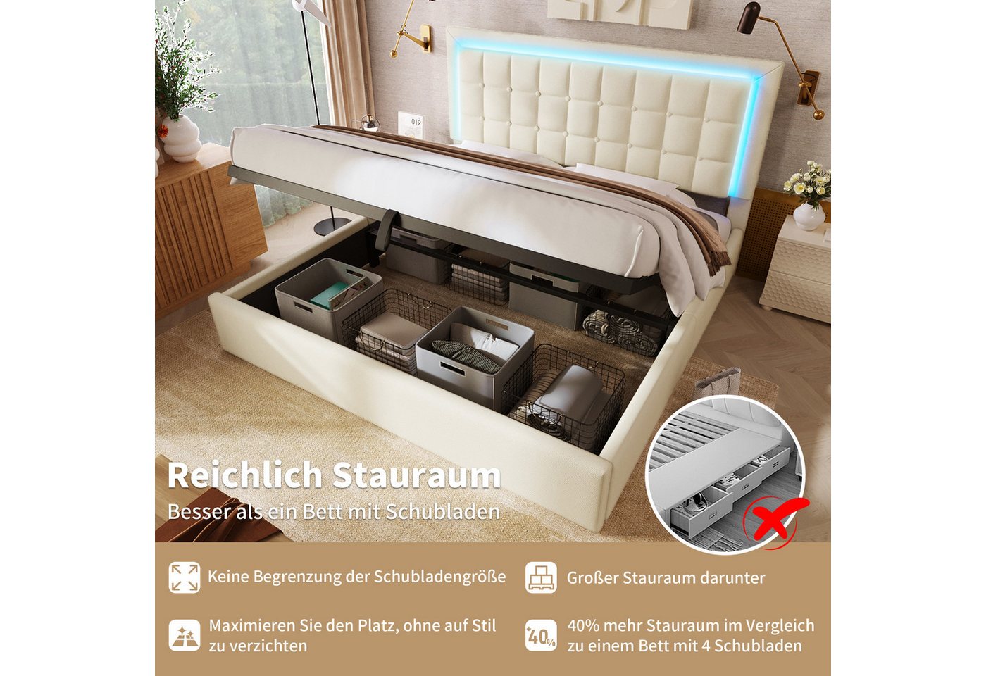 Flieks Stauraumbett (1-tlg), LED-Beleuchtung Kunstleder Doppelbett 140x200cm – Bild 5 von 5