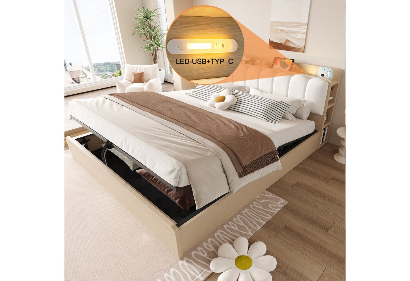 Flieks Stauraumbett, Holzbett 180×200cm mit Hydraulik-Stauraum Polster-Kopfteil USB&LED – Bild 3 von 5