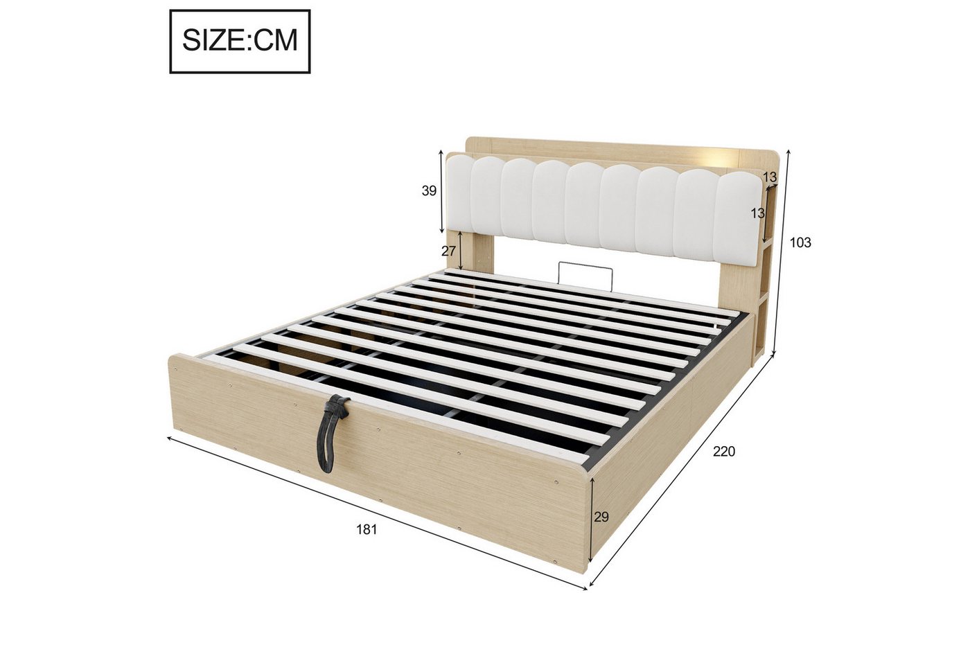 Flieks Stauraumbett, Holzbett 180×200cm mit Hydraulik-Stauraum Polster-Kopfteil USB&LED – Bild 4 von 5