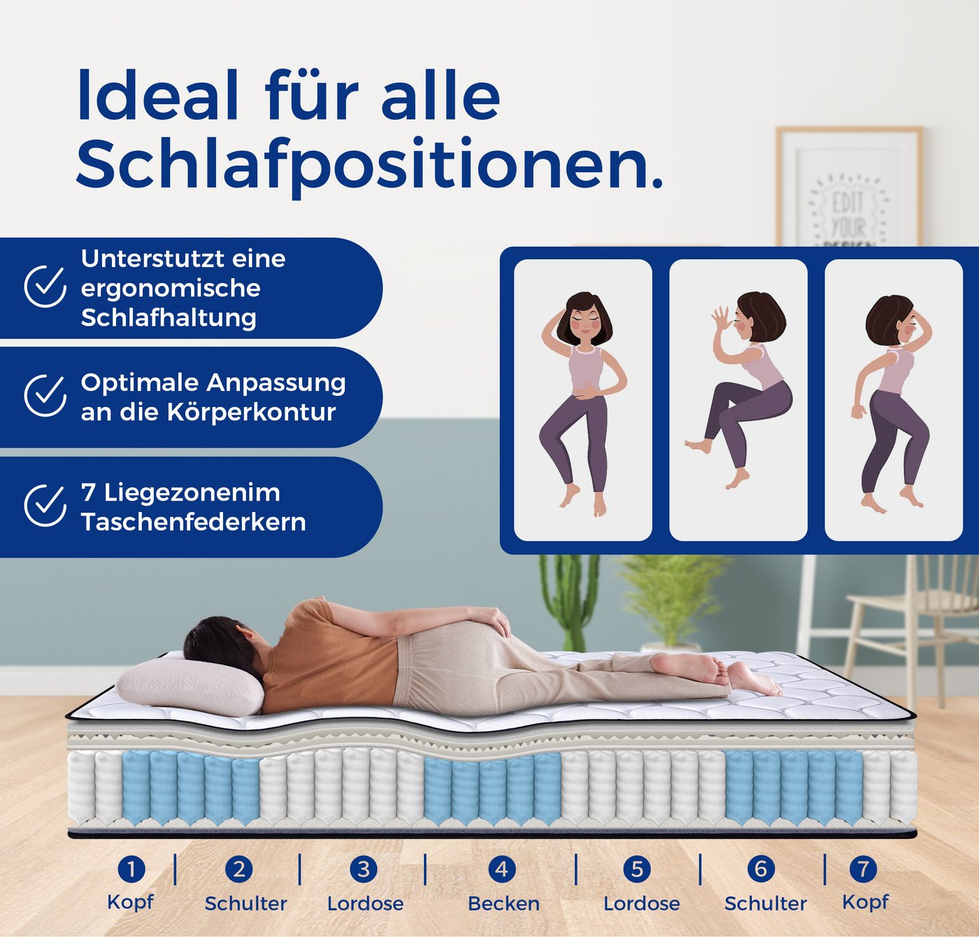Taschenfederkernmatratze, Flieks, 20 cm hoch, Federkernmatratze 90x200cm Härtegrad H3 ergonomisch 7 Zonen – Bild 3 von 5
